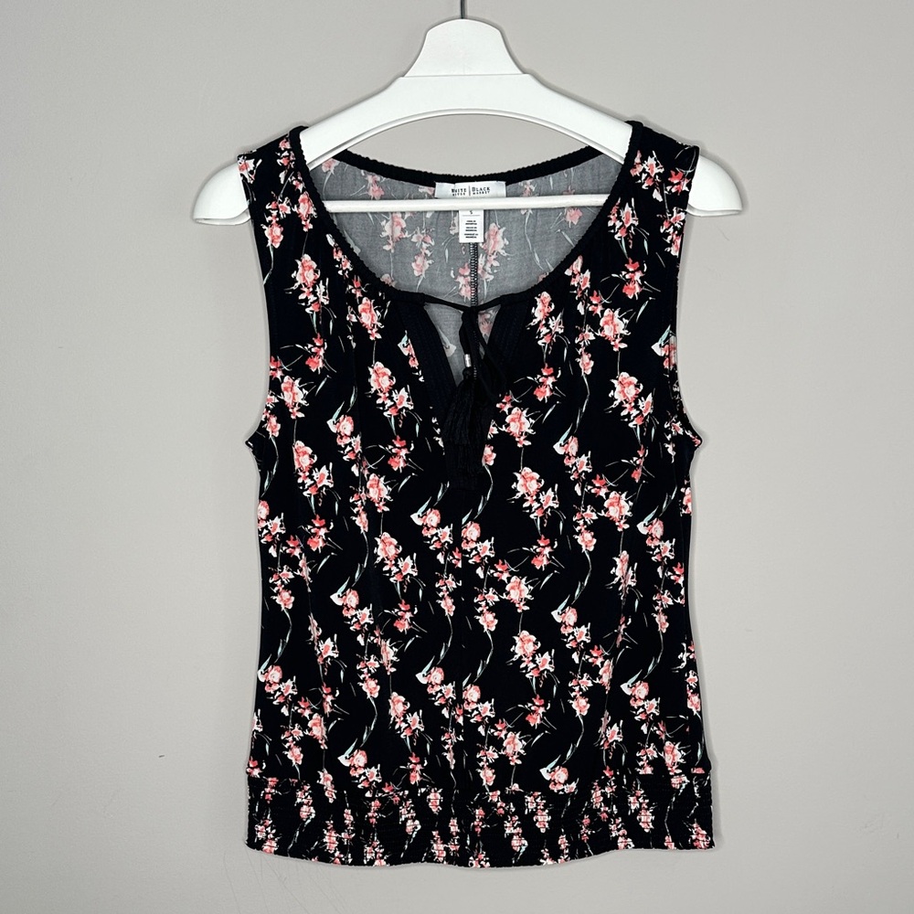 White House Black Market Black and Pink Floral Sleeveless Blouse With Front Tie